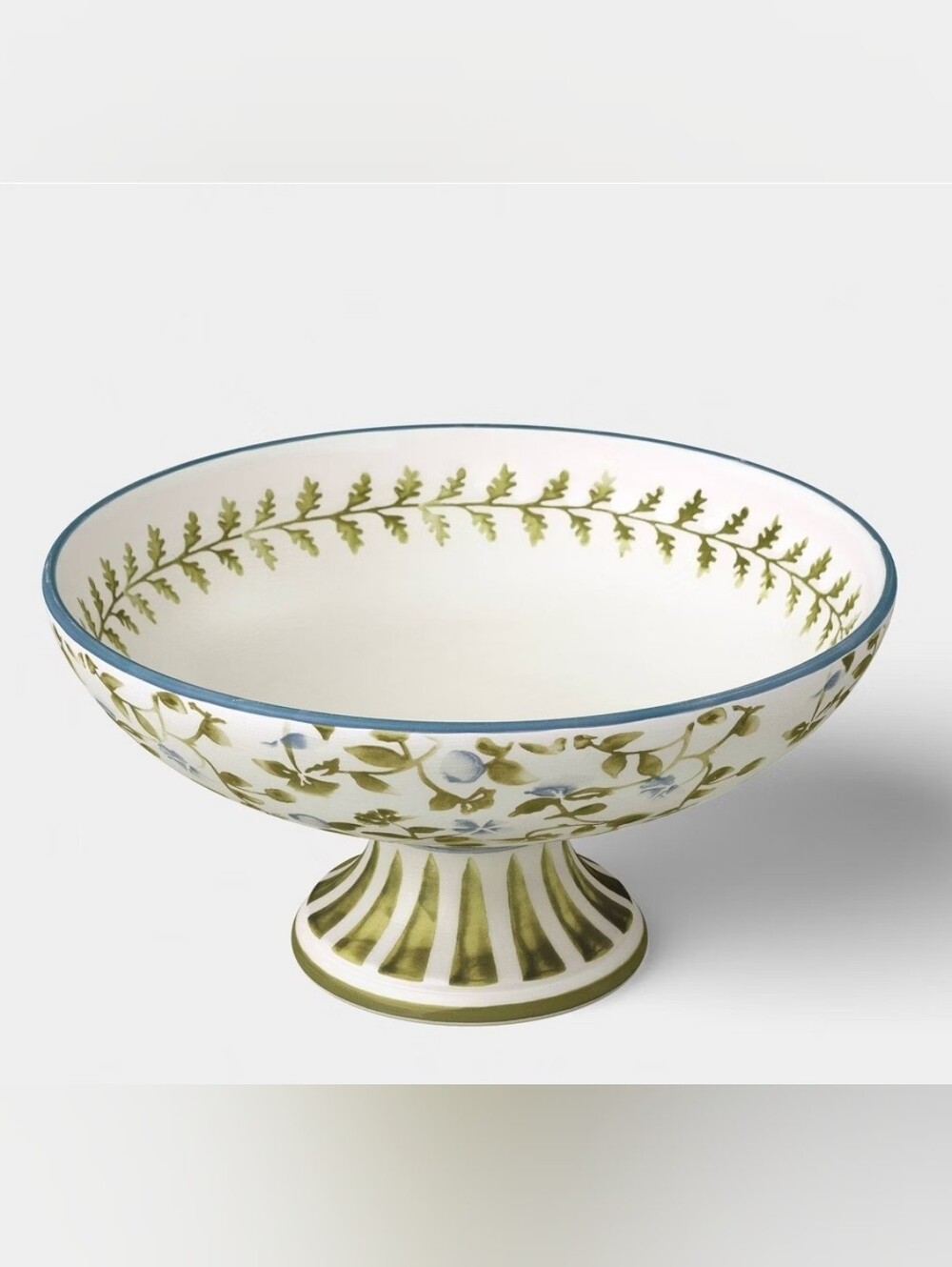 Threshold Hand-Painted Ceramic Decorative Pedestal Bowl in Olive and Blue